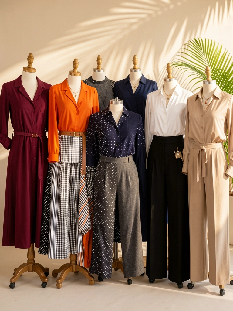 Vestidos e blusas em tons de vinho, laranja e cinza em manequins, com padrões xadrez e bolinhas, sob luz natural suave.