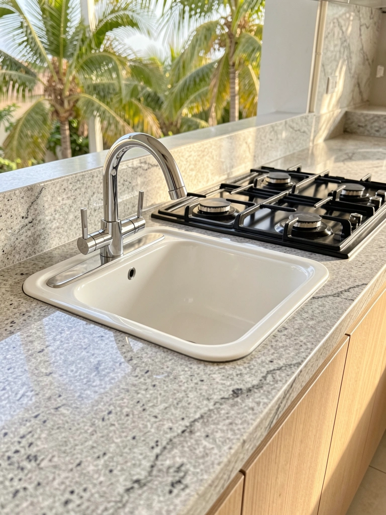 Pia de esmalte branco com torneira cromada, cooktop a gás preto de quatro bocas com grelhas de aço inox, bancada de granito cinza claro e armários de madeira clara fosca sob luz natural.