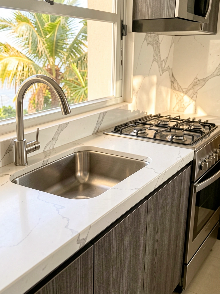 Bancada de quartzo branco com veios cinza, pia e fogão separados, torneira de aço inox e armários de madeira escura, luz natural.