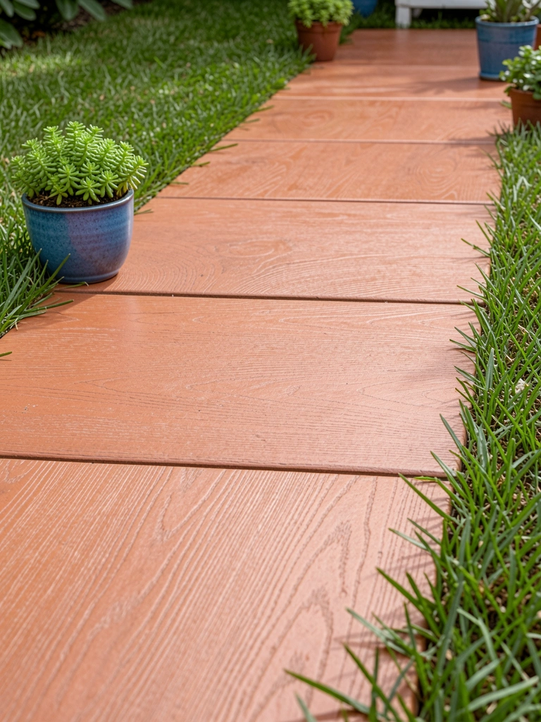 Ladrilhos retangulares cor de terracota com textura de madeira dispostos em linha, grama verde e vaso azul com Sedum, luz natural suave.