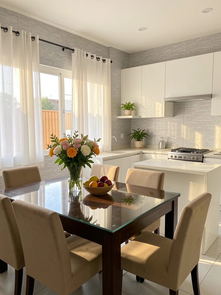 Luz difusa entra por janela com cortina branca sobre cozinha com armários claros, bancada de vidro, mesa de madeira escura com flores e frutas, cadeiras bege e azulejos texturizados cinza.