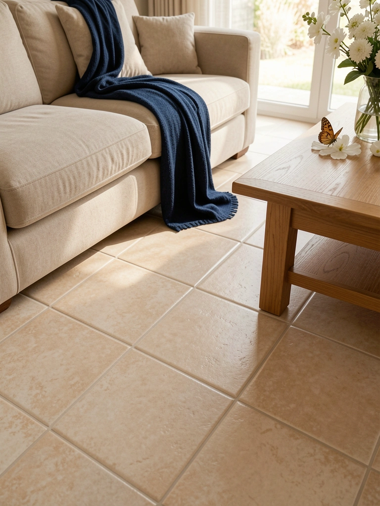 Piso de porcelanato bege claro texturizado, sofá bege e manta azul escura, mesa de madeira com vaso de flores brancas e borboleta, luz natural difusa.