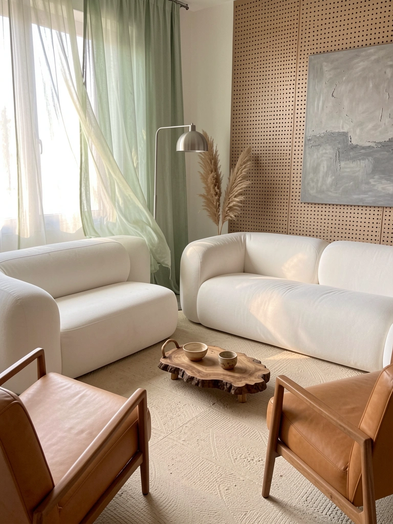Sofá branco arredondado, poltrona de couro marrom e luminária de metal escovado em sala iluminada por luz natural e cortina verde clara.