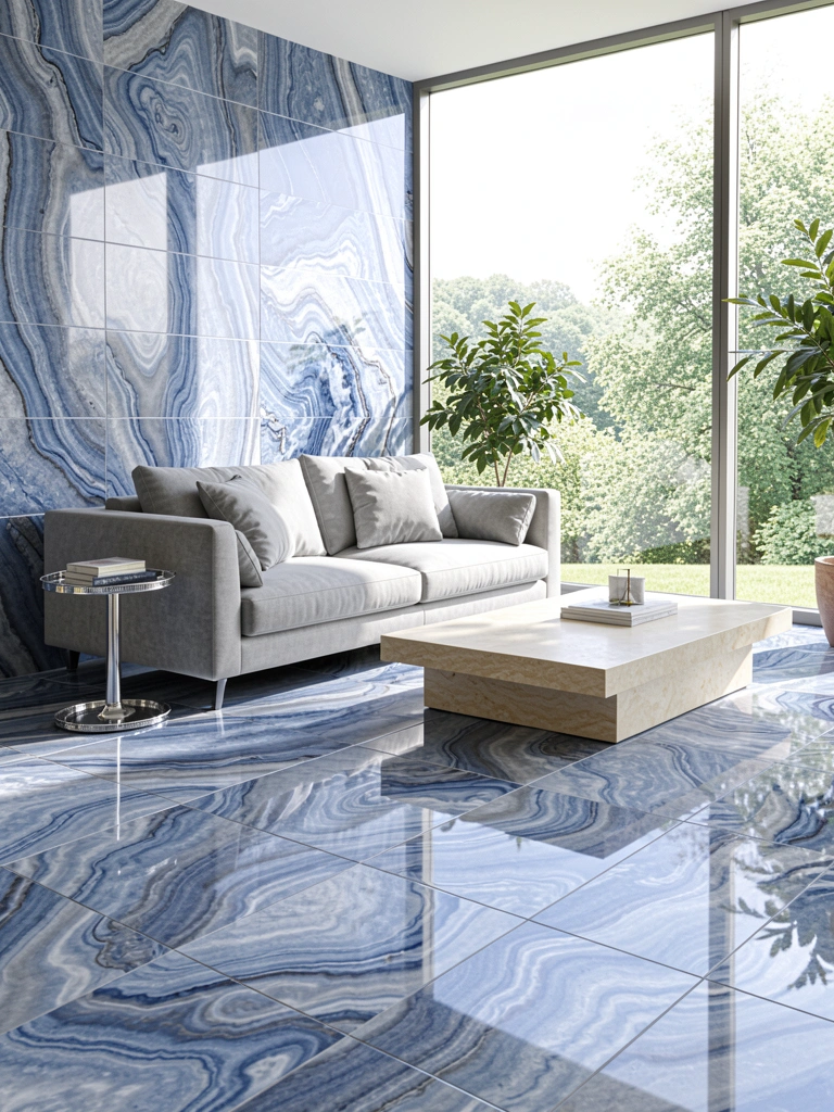 Reflexo de sofá cinza claro e janela com vista verde em piso de porcelanato azul e cinza com padrão ondulado.