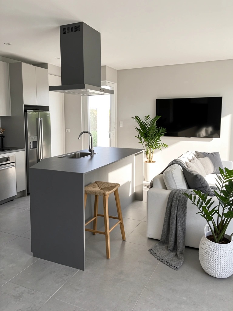 Ilha de cozinha com bancada cinza escuro, pia de aço inox e coifa pendente, luz natural entrando pela janela.