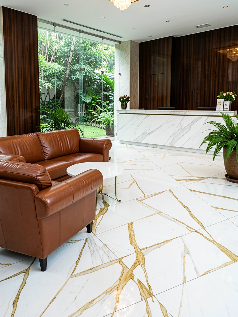 Piso de mármore branco com veios dourados, sofá marrom e vidro com jardim ao fundo, iluminação natural intensa.