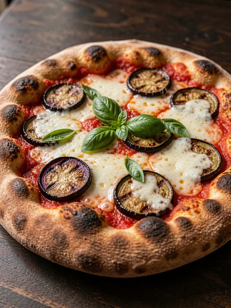 Fatia de pizza de berinjela sobre prato de cerâmica, com borda levemente dourada e pedaços de berinjela grelhada visíveis.