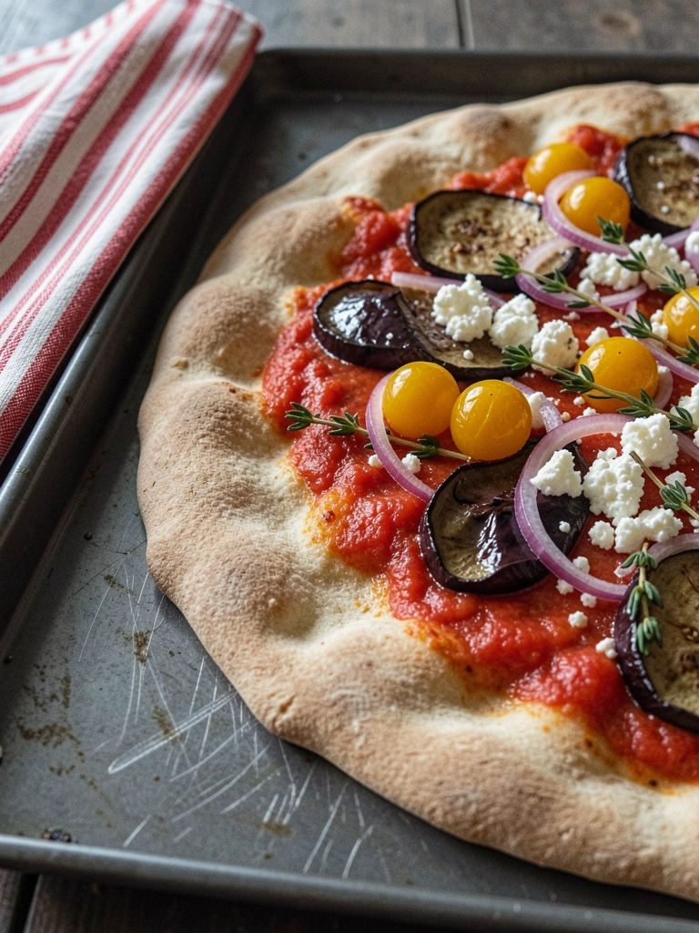 Fatia de pizza de berinjela assada com molho de tomate e queijo derretido sobre fundo escuro.