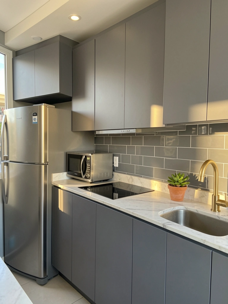 Bancada de mármore branco com suculenta em vaso, armários cinza escuro e filtro de luz natural.
