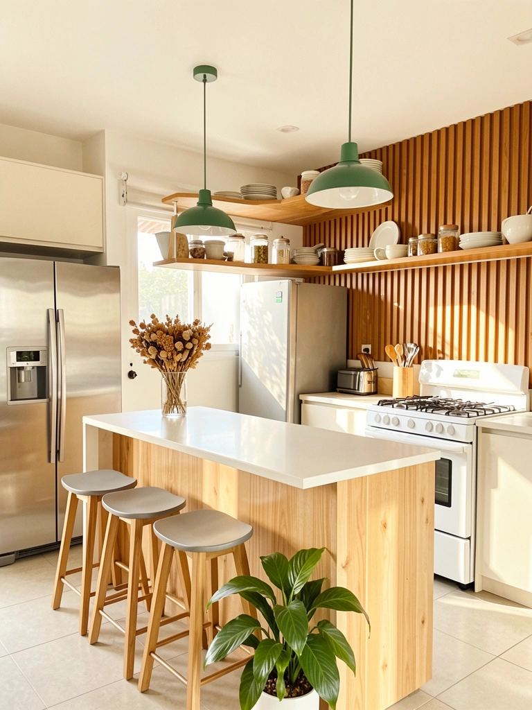 Ilha de cozinha com tampo branco e banquetas cinza, prateleira de madeira com louças, pendentes verdes e luz natural entrando pela janela.