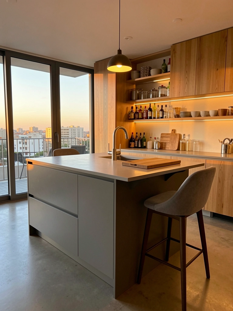 Pendente único sobre ilha de cozinha cinza com gavetas e prateleira corrediça, bancada de madeira e torneira de aço inox, luz dourada do entardecer na varanda ao fundo.