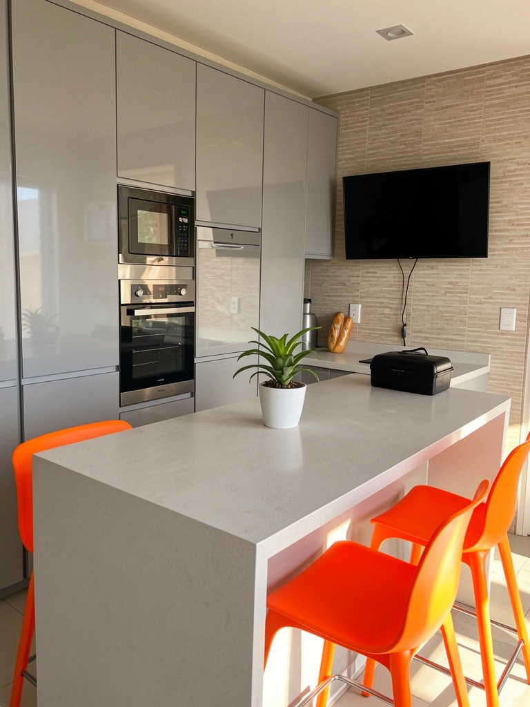 Bancada de cozinha com laminado cinza claro, cadeiras laranja e TV preta na parede, luz natural entrando.