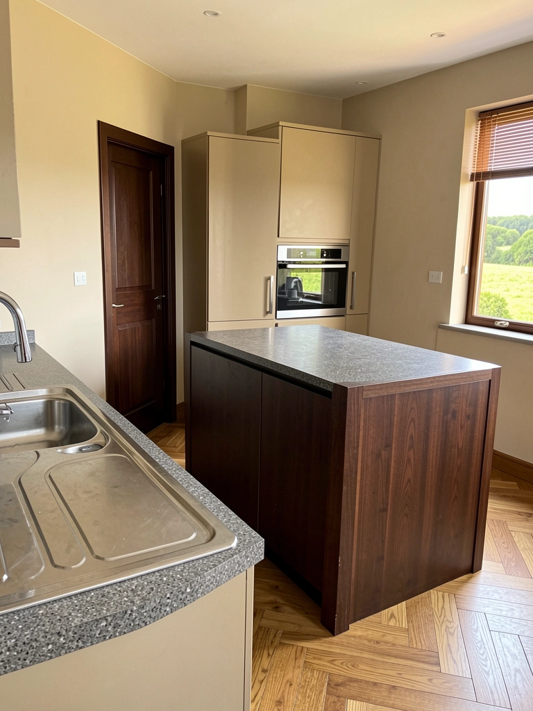 Bancada de cozinha em granito cinza sobre ilha de madeira escura, armários bege, pia de aço inox e janela com vista verde, luz natural.