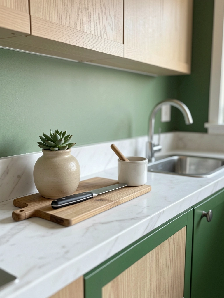 Bancada de mármore branco com vaso cerâmico bege e suculenta, tábua de madeira com faca e pote branco com colher, parede verde ao fundo.
