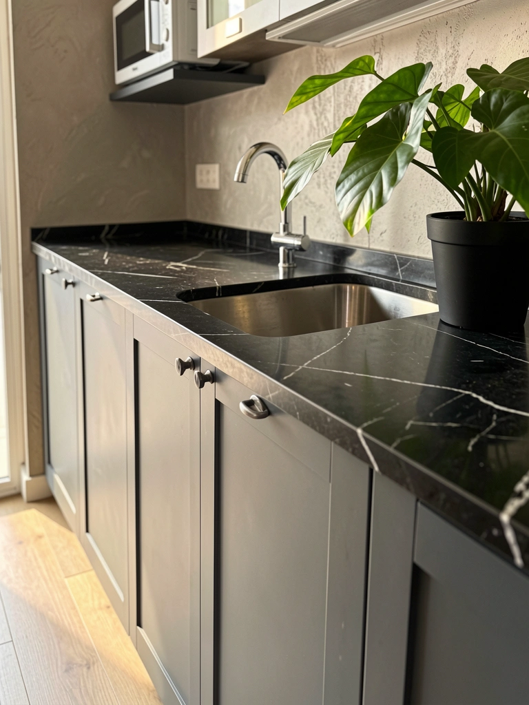 Bancada preta com veios de mármore, pia de aço inoxidável e planta verde em vaso preto, luz natural sobre piso de madeira clara.