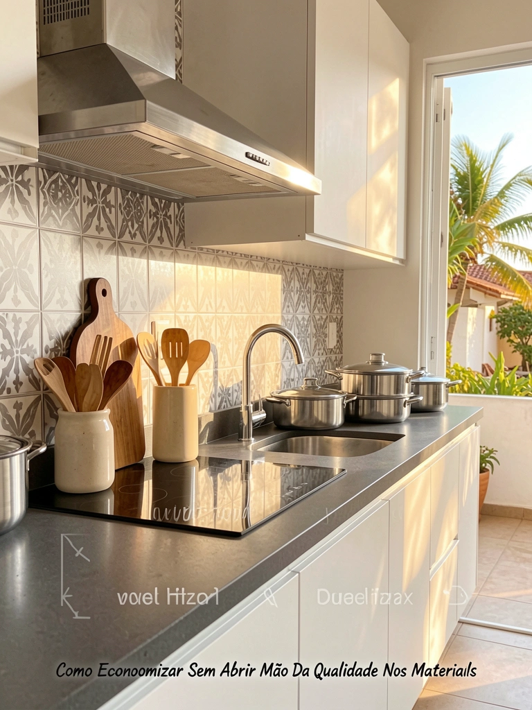 Bancada de granito escuro com cookware de aço inoxidável, porta-utensílios de cerâmica e tábua de madeira, sob luz natural intensa.