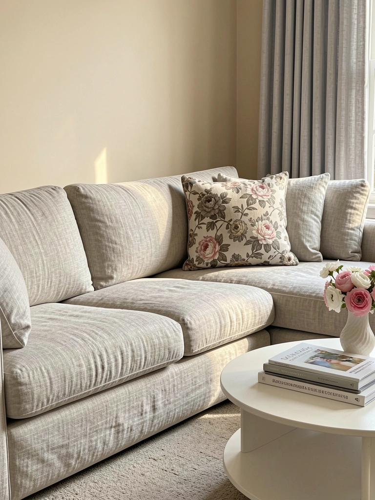 Sofá de linho bege e cinza claro com almofada floral, mesa redonda branca com livros e vaso de flores rosas e brancas, luz natural suave.