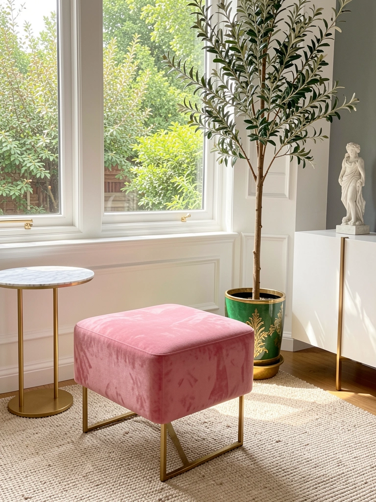Puff de veludo rosa com base dourada sobre tapete bege texturizado, oliveira em vaso verde e dourado ao lado, luz natural entrando pela janela com jardim ao fundo.