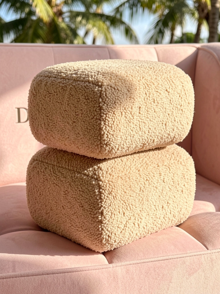 Banquinhos fofos bege empilhados sobre superfície rosa-claro, com logotipo Dior ao fundo, luz natural de dia.