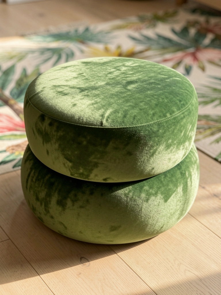 Pufe redondo de veludo verde musgo com design empilhado, luz solar difusa projetando sombras suaves em assoalho de madeira clara.