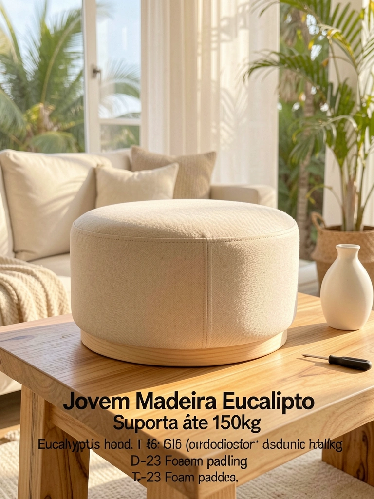Pufe redondo bege com base de madeira clara sobre mesa de eucalipto, vaso de cerâmica branco e luz natural entrando pela janela.