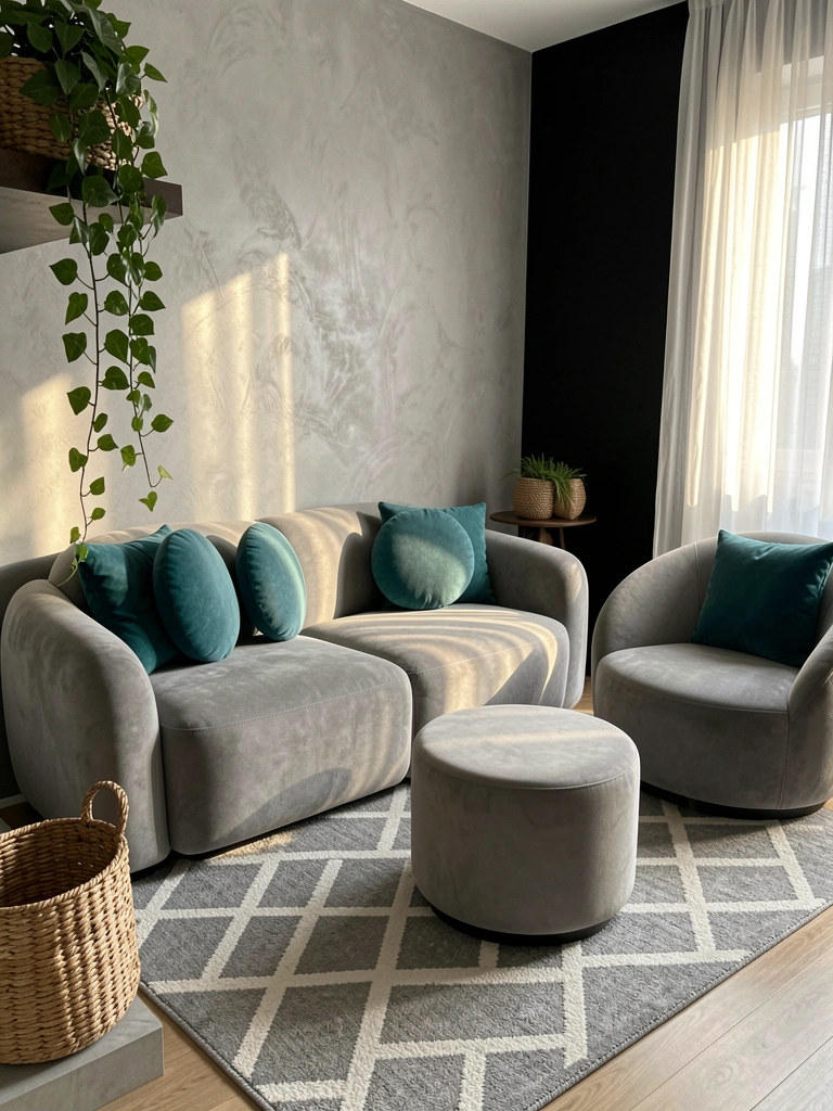 Sofá cinza com almofadas arredondadas e detalhes em azul-petróleo, poltrona circular combinando, tapete geométrico cinza e branco, pufe redondo, cesto trançado na prateleira com planta pendente, luz natural com sombras suaves e parede texturizada cinza com painel preto.