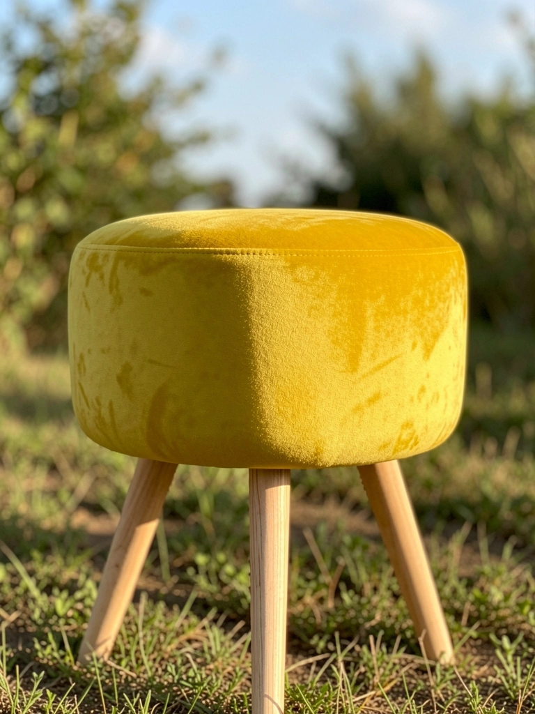 Pufe redondo de veludo amarelo com três pernas de madeira clara, iluminado por luz natural, com folhagem verde desfocada ao fundo.