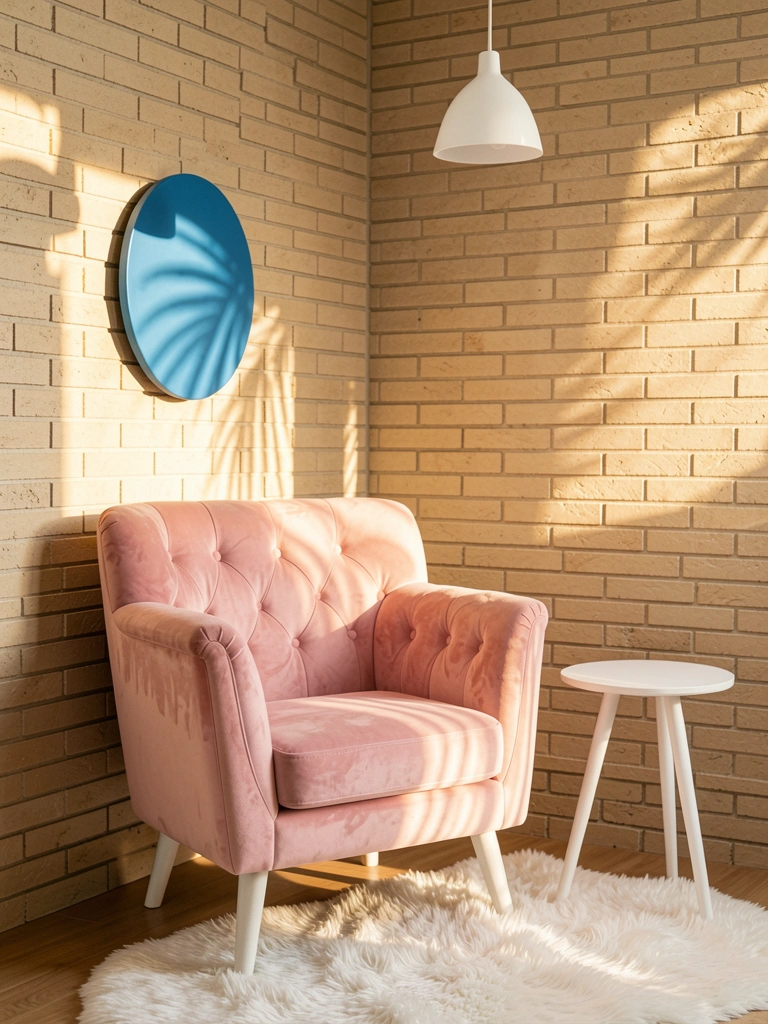 Poltrona de veludo rosa com capitonê, parede de tijolos bege e luminária pendente branca, luz quente.