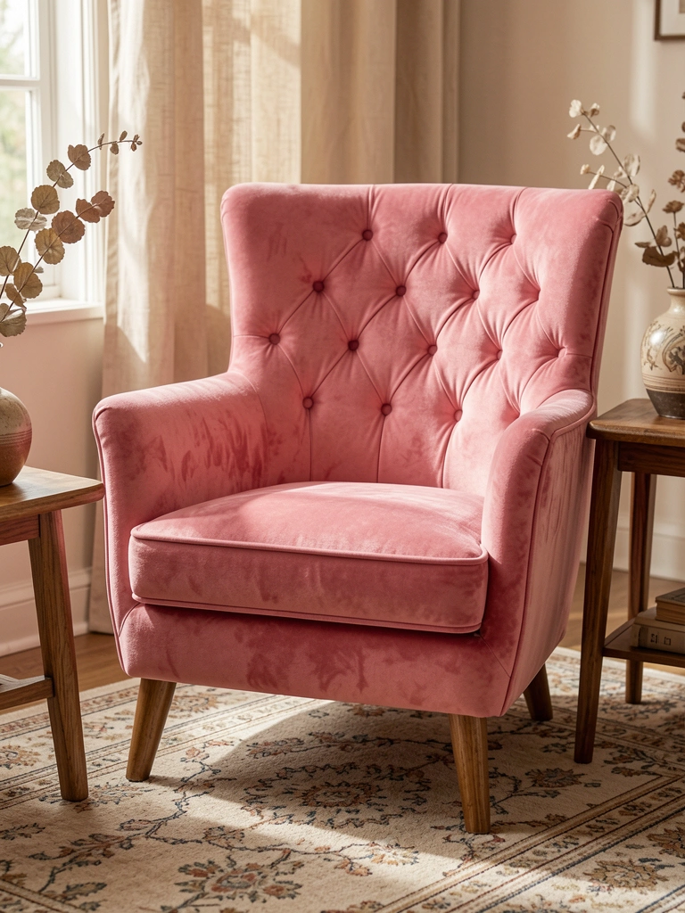 Poltrona rosa de veludo com capitonê, pés de madeira e luz suave de janela em sala com tapete estampado e vaso sobre mesa lateral.