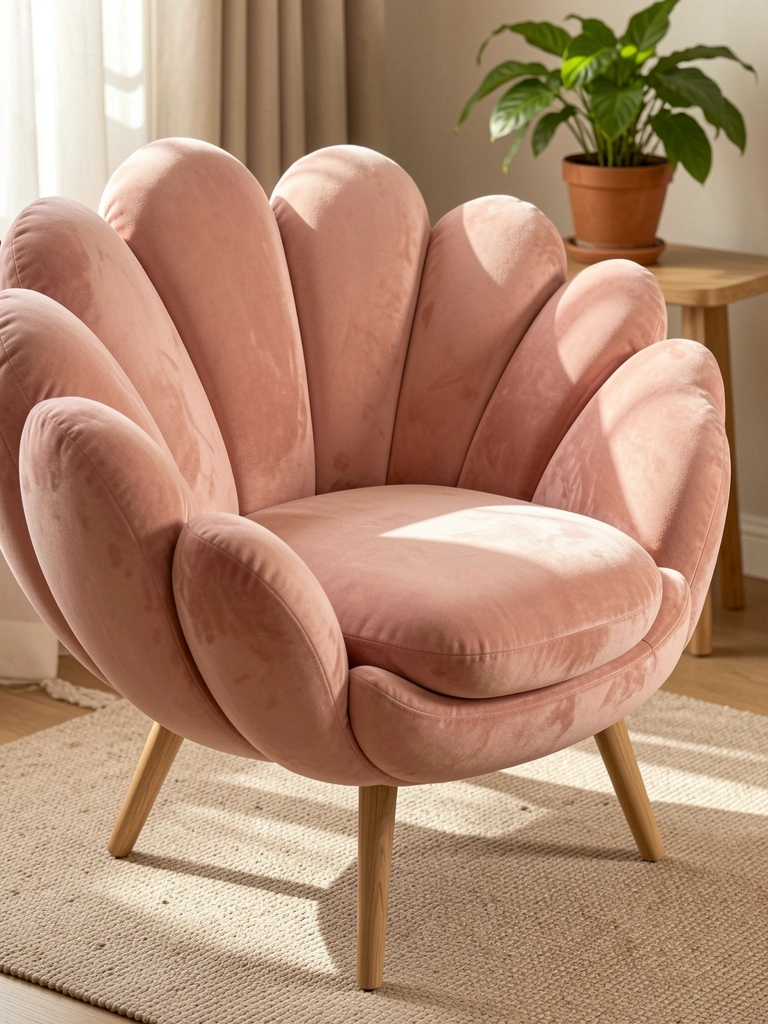 Luz natural incide sobre poltrona de veludo rosa blush com almofadas em formato de pétalas, pés finos de madeira clara, vaso de planta verde ao fundo sobre mesa lateral e tapete bege texturizado.