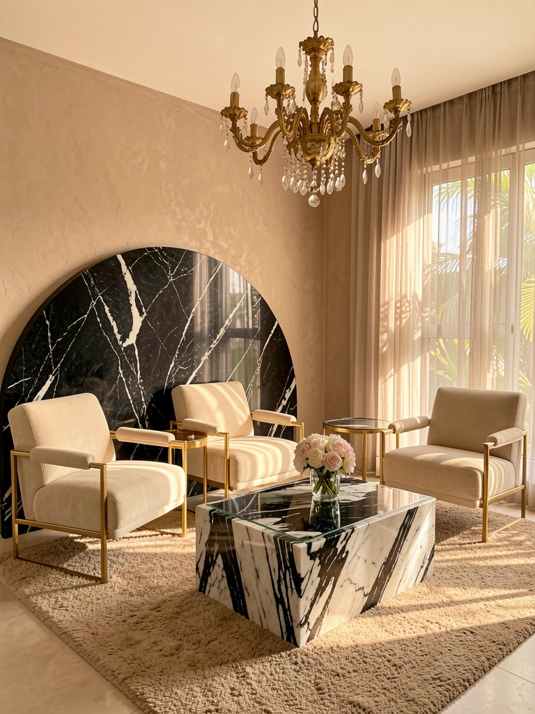 Poltronas douradas e creme, mesa de mármore preto e branco, lustre dourado e luz natural suave.