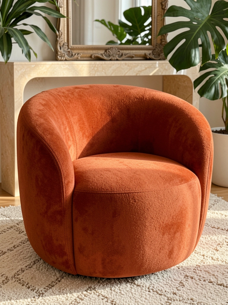 Poltrona redonda de veludo terracota sobre carpete texturizado claro, console de mármore bege e espelho com plantas verdes, luz natural suave.