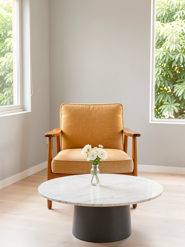 Poltrona bege com braços de madeira, mesa de centro redonda de mármore com vaso de flores brancas, luz natural e folhagens ao fundo.