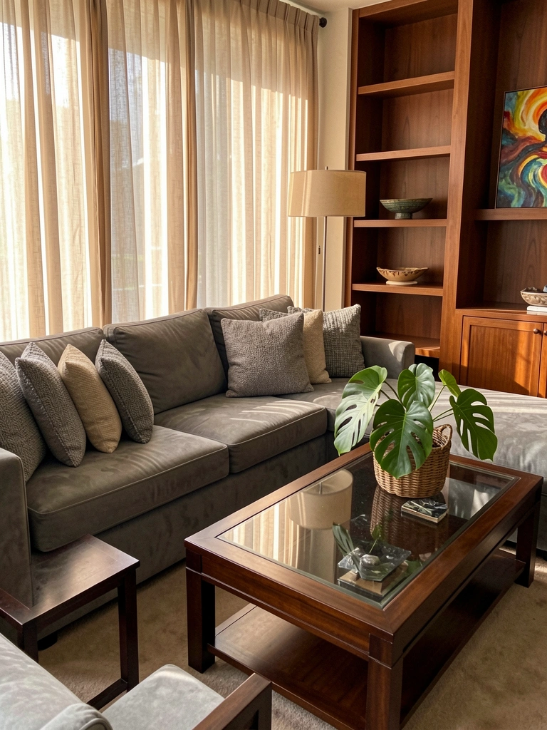 Sofá cinza texturizado com almofadas, mesa de centro de madeira escura com tampo de vidro e vaso de Monstera, luz natural filtrada por cortinas bege.