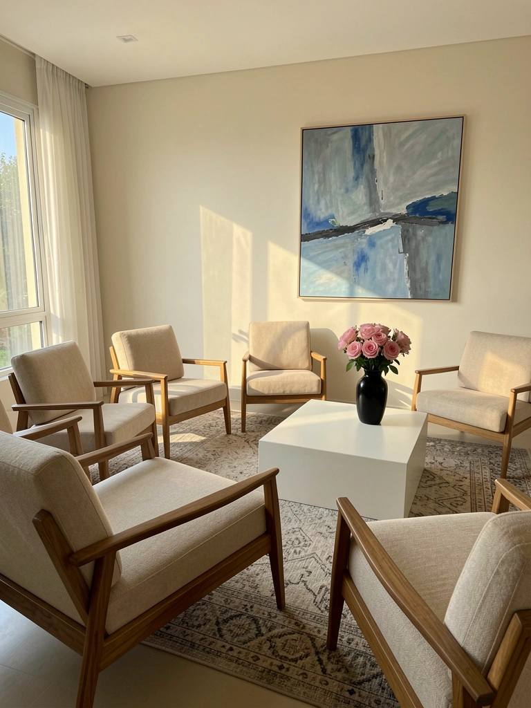 Luz natural incide sobre seis poltronas Alana bege com pés de madeira, quadro azul e cinza ao fundo, vaso preto com rosas sobre mesa branca.