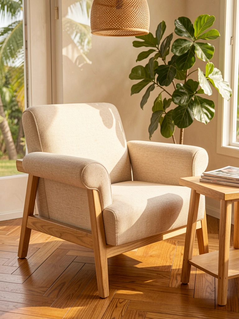 Poltrona estofada bege com estrutura de madeira sobre assoalho espinha de peixe, mesa lateral com revistas empilhadas e luz natural.