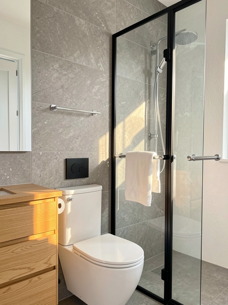 Porcelanato cinza texturizado, vaso sanitário branco minimalista, bancada de madeira clara e box de vidro com moldura preta, luz natural com sombras suaves.
