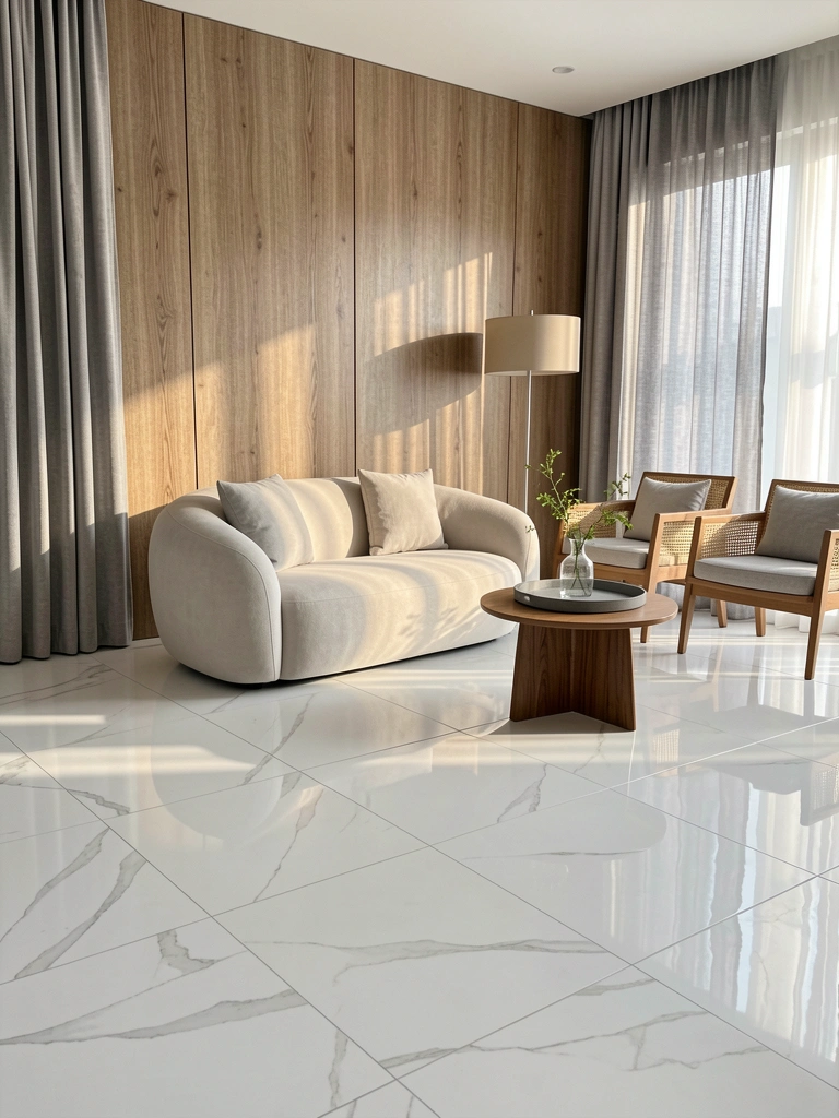 Piso de porcelanato branco polido reflete sofá claro e painel de madeira texturizado, com poltronas de assento trançado e luminária fina.