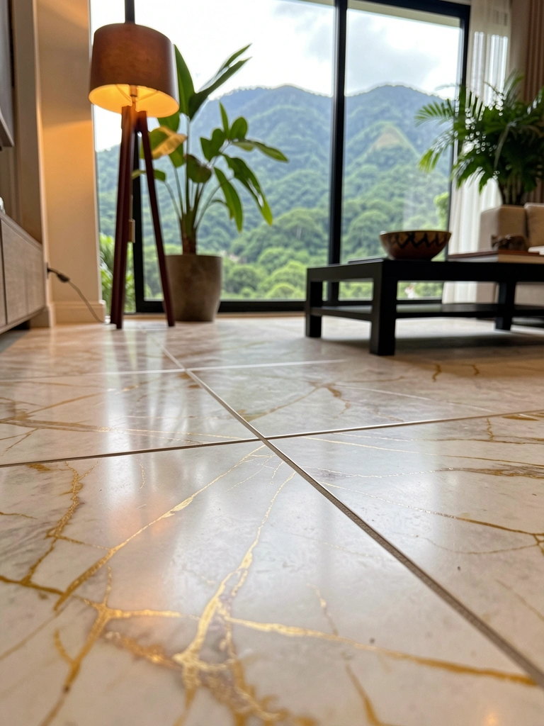 Pisos de mármore com veios dourados sob luz natural, mesa preta com bowl decorativo, abajur de madeira e planta verde ao fundo.