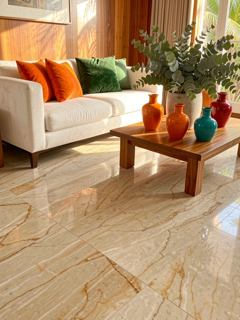 Piso de mármore polido reflete luz, sofá branco com almofadas laranja e verde, vasos cerâmicos sobre mesa de centro de madeira.