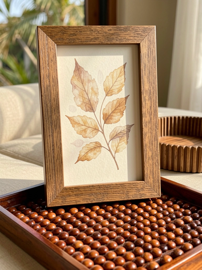 Moldura rústica de madeira com aquarela de folhas secas sobre bandeja de contas em assento bege, luz natural.