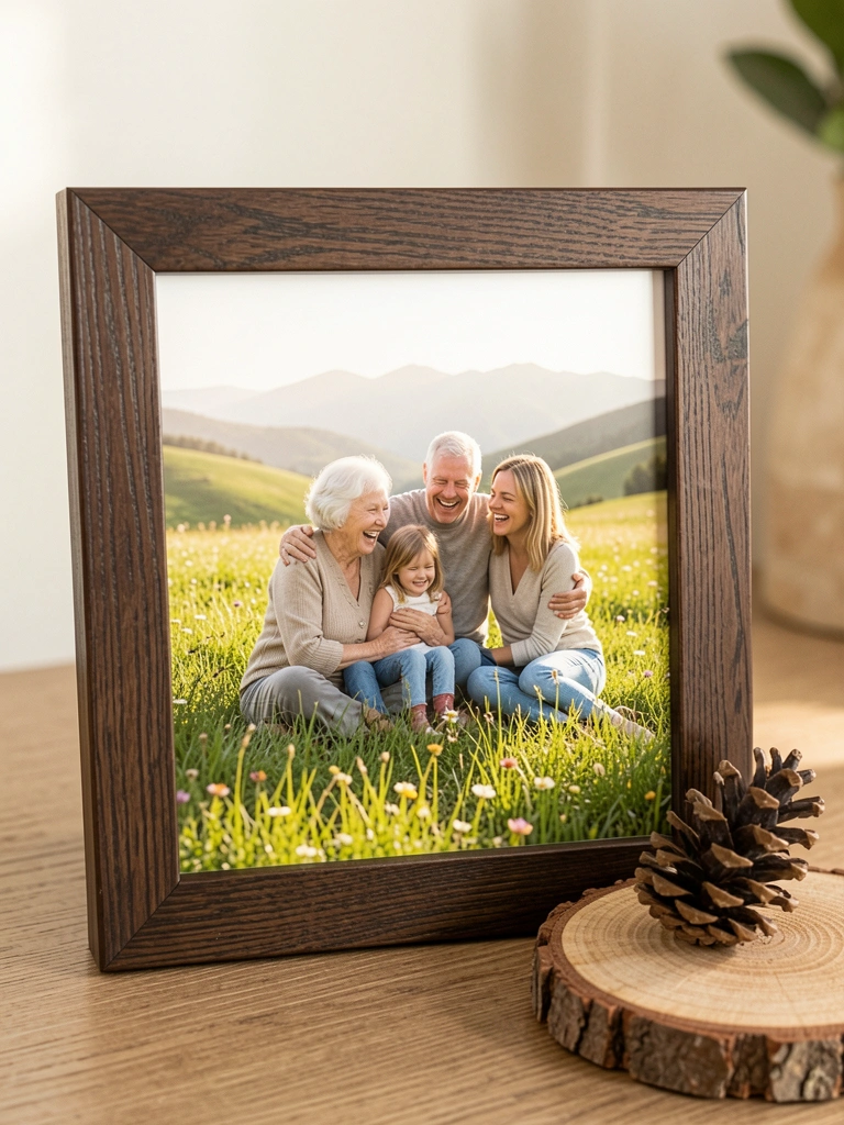 Moldura de madeira escura com foto de família abraçada em campo verde, pinha sobre fatia de tronco, luz natural quente.