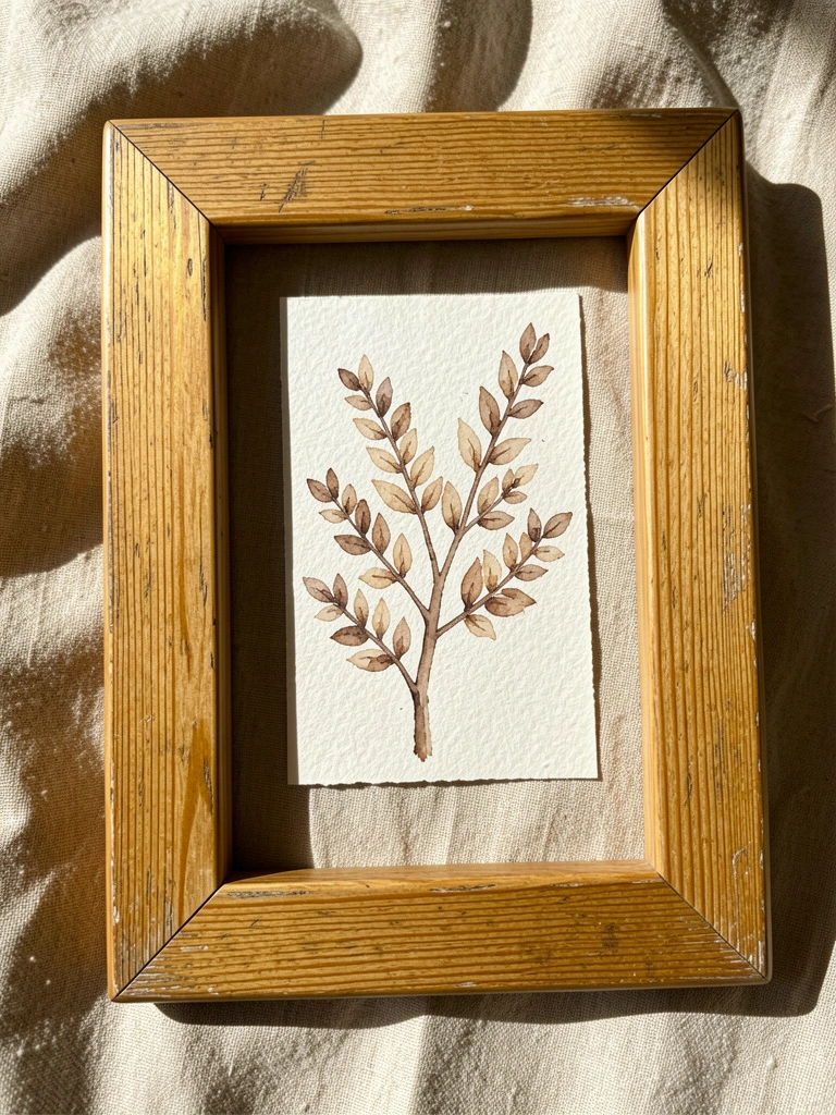 Moldura rústica de madeira clara com pintura em aquarela de ramo seco sobre fundo de linho bege texturizado, luz natural suave.