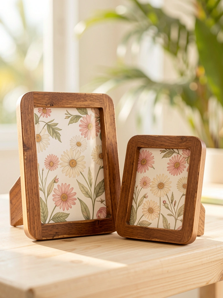 Molduras de madeira com estampa floral em tons pastel sobre superfície clara, iluminadas por luz natural suave.