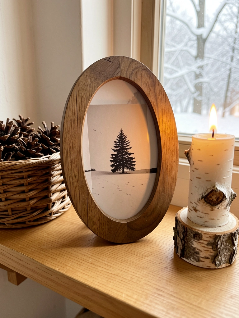 Moldura oval rústica com foto em preto e branco de árvore solitária na neve, sobre prateleira clara, ao lado de cesto com pinhas e vela de bétula acesa, janela com vista de inverno ao fundo, luz natural difusa.
