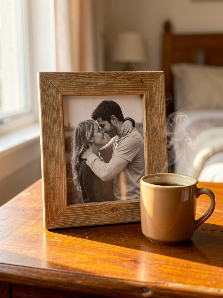 Mold rústica de madeira clara com foto em preto e branco de casal abraçado, caneca de café fumegante ao lado, luz natural suave.