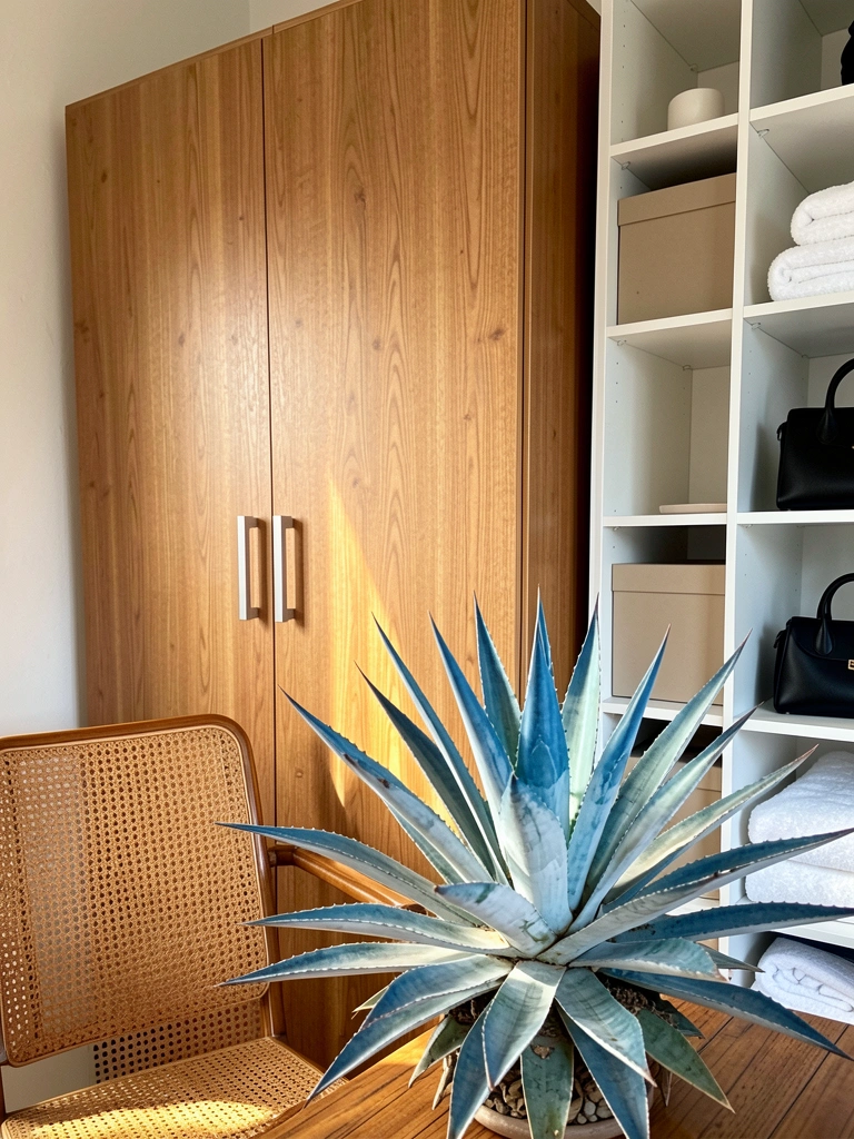 Guarda-roupa de madeira clara com puxadores prateados ao lado de cadeira de rattan, agave azul e branca em mesa de madeira, estante branca com bolsa preta e toalhas dobradas, luz natural.