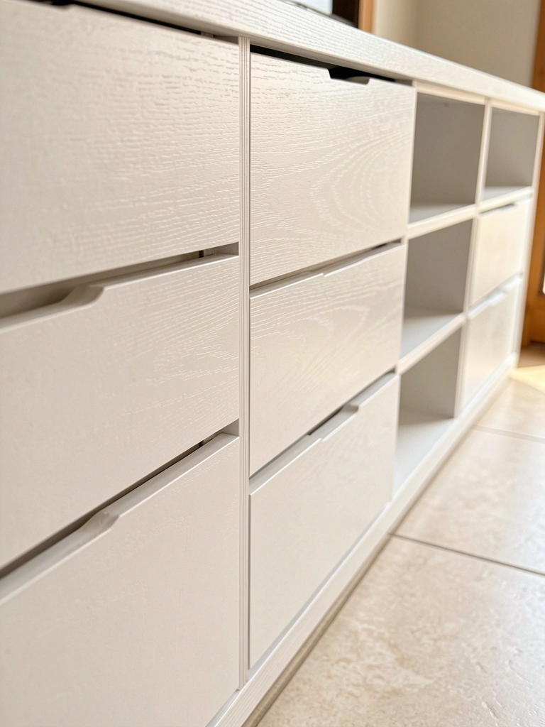 Luz natural incide sobre armário de MDF branco com gavetas e nichos, piso claro e reflexos sutis na superfície.