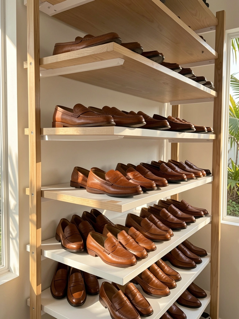 Prateleiras de madeira clara com sapatos mocassim de couro marrom alinhados, luz solar filtrada projetando sombras suaves.