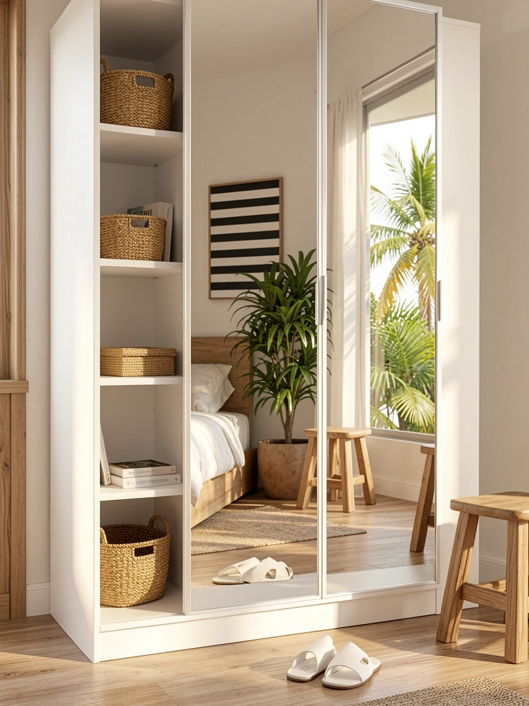 Armário branco espelhado com prateleiras exibindo cesto de palha e livro, refletindo quarto com cama, quadro listrado e planta.